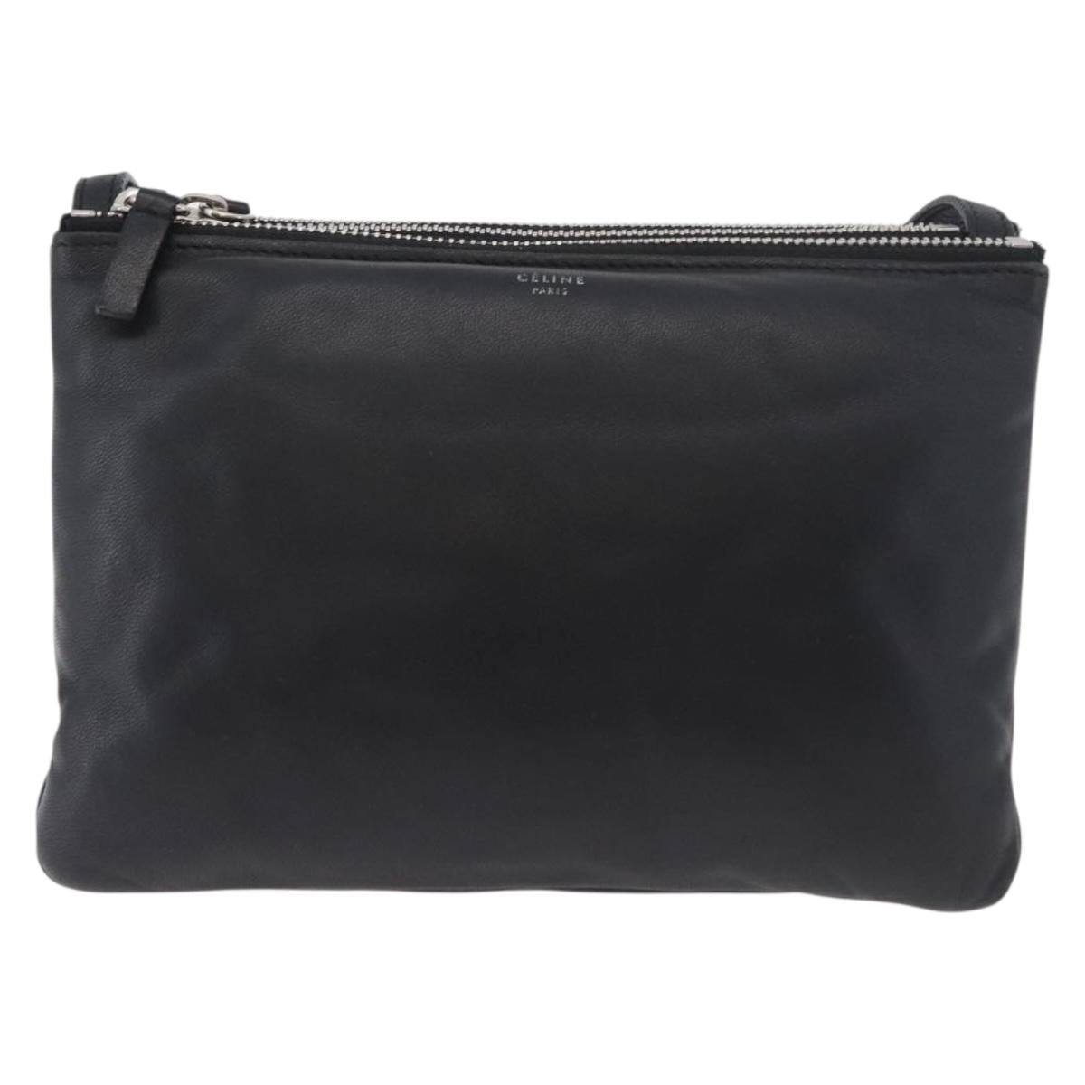 CELINE Trio Shoulder Bag Leather Black Silver Auth 181857A