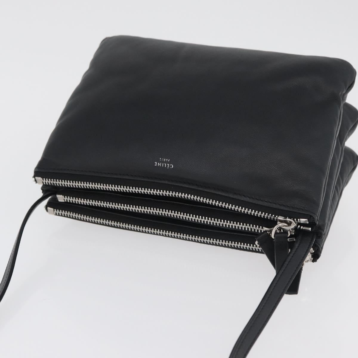 CELINE Trio Shoulder Bag Leather Black Silver Auth 181857A