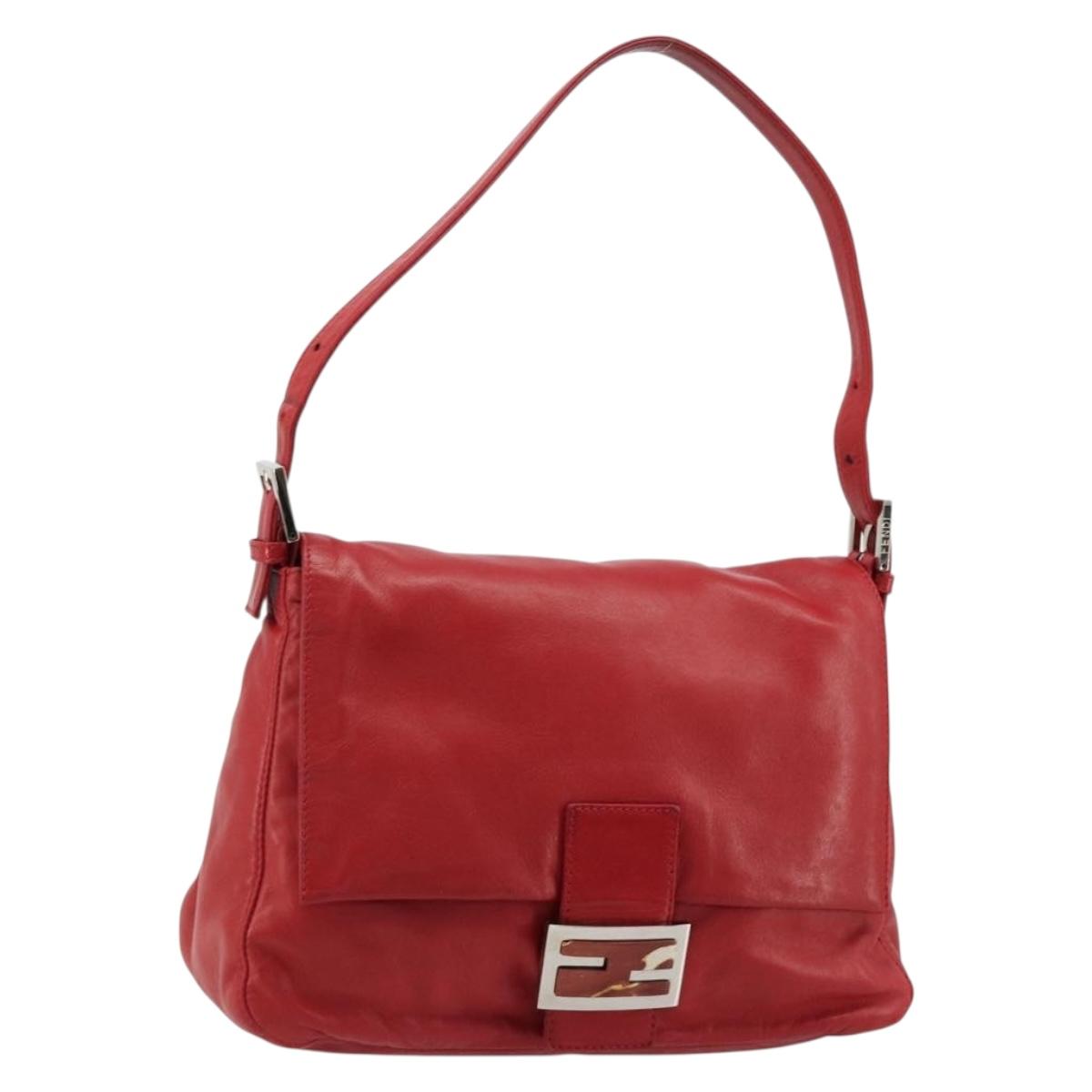 FENDI Mamma Baguette Shoulder Bag Leather Red Silver 2373 26325 Auth 181860M