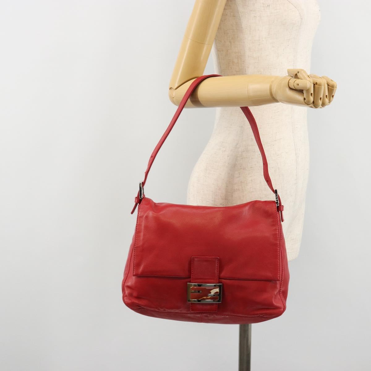 FENDI Mamma Baguette Shoulder Bag Leather Red Silver 2373 26325 Auth 181860M