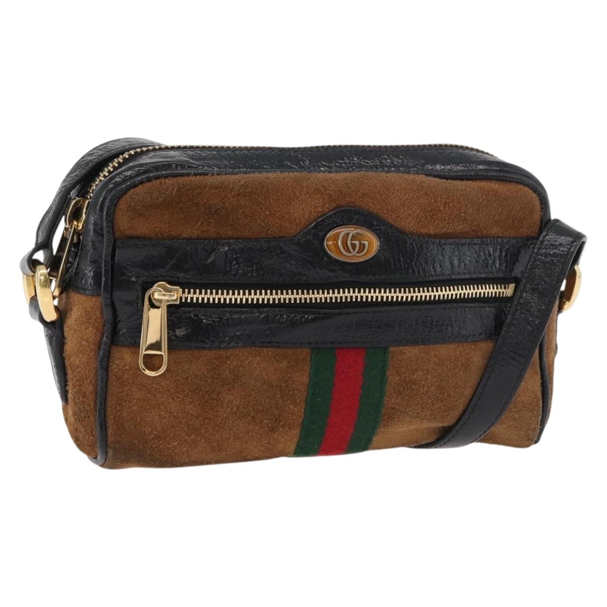 GUCCI Web Sherry Line Shoulder Bag Suede Brown Gold 573321 Auth 181861