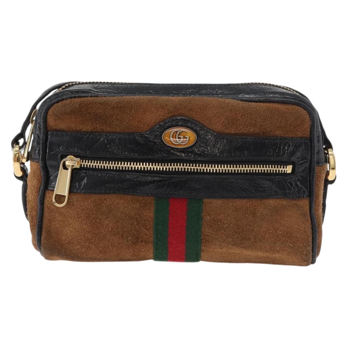 GUCCI Web Sherry Line Shoulder Bag Suede Brown Gold 573321 Auth 181861