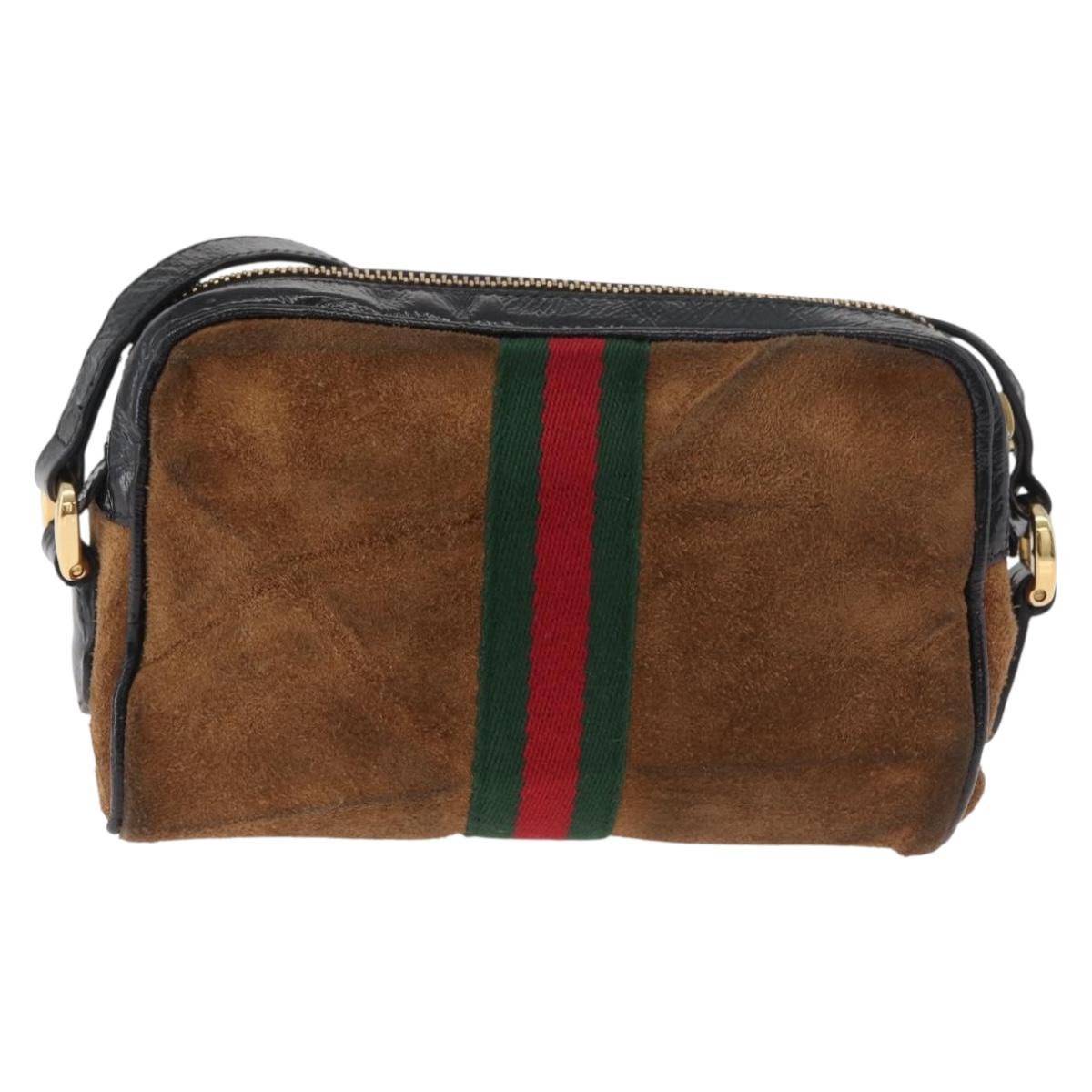 GUCCI Web Sherry Line Shoulder Bag Suede Brown Gold 573321 Auth 181861