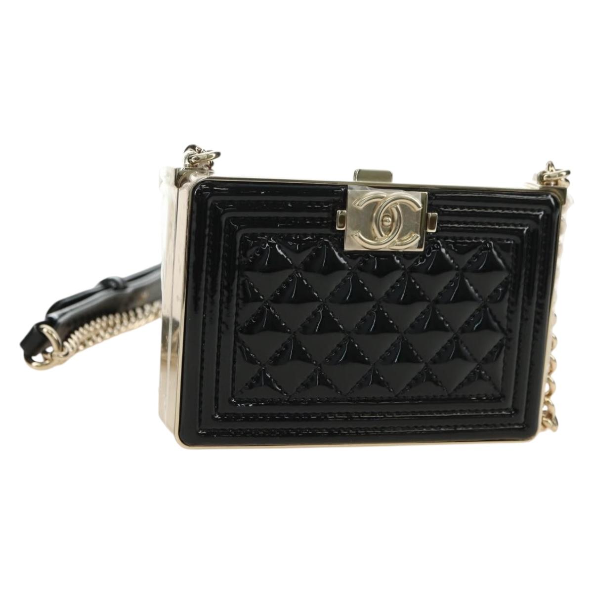 CHANEL Matelasse Boy Chanel Chain Wallet Bag Patent Black Gold CC Auth 181876SAM