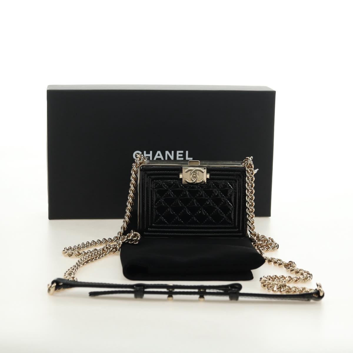 CHANEL Matelasse Boy Chanel Chain Wallet Bag Patent Black Gold CC Auth 181876SAM