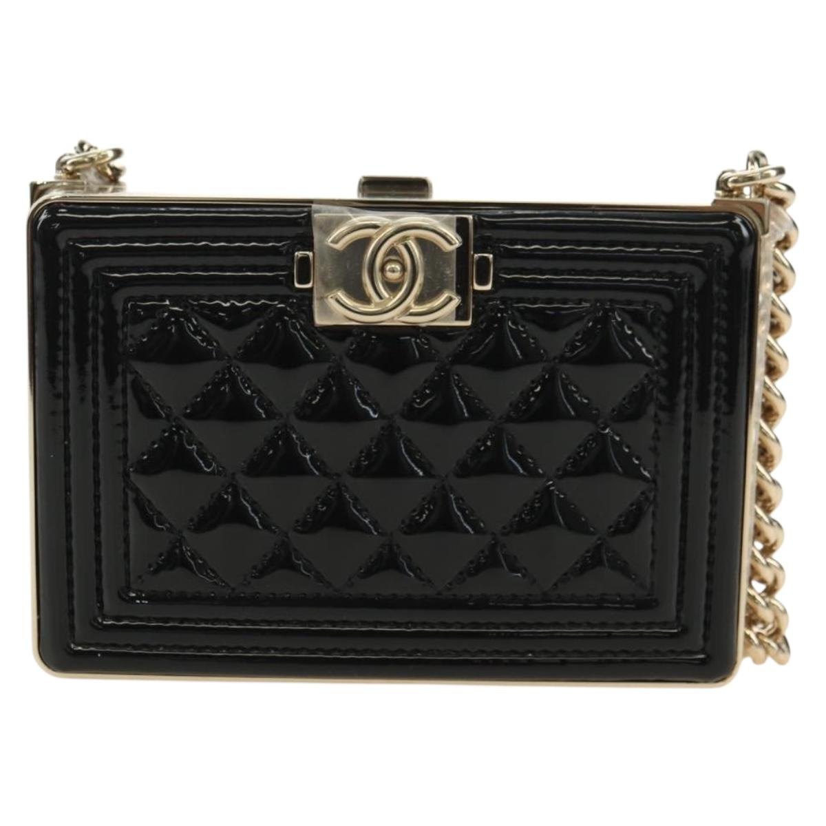 CHANEL Matelasse Boy Chanel Chain Wallet Bag Patent Black Gold CC Auth 181876SAM