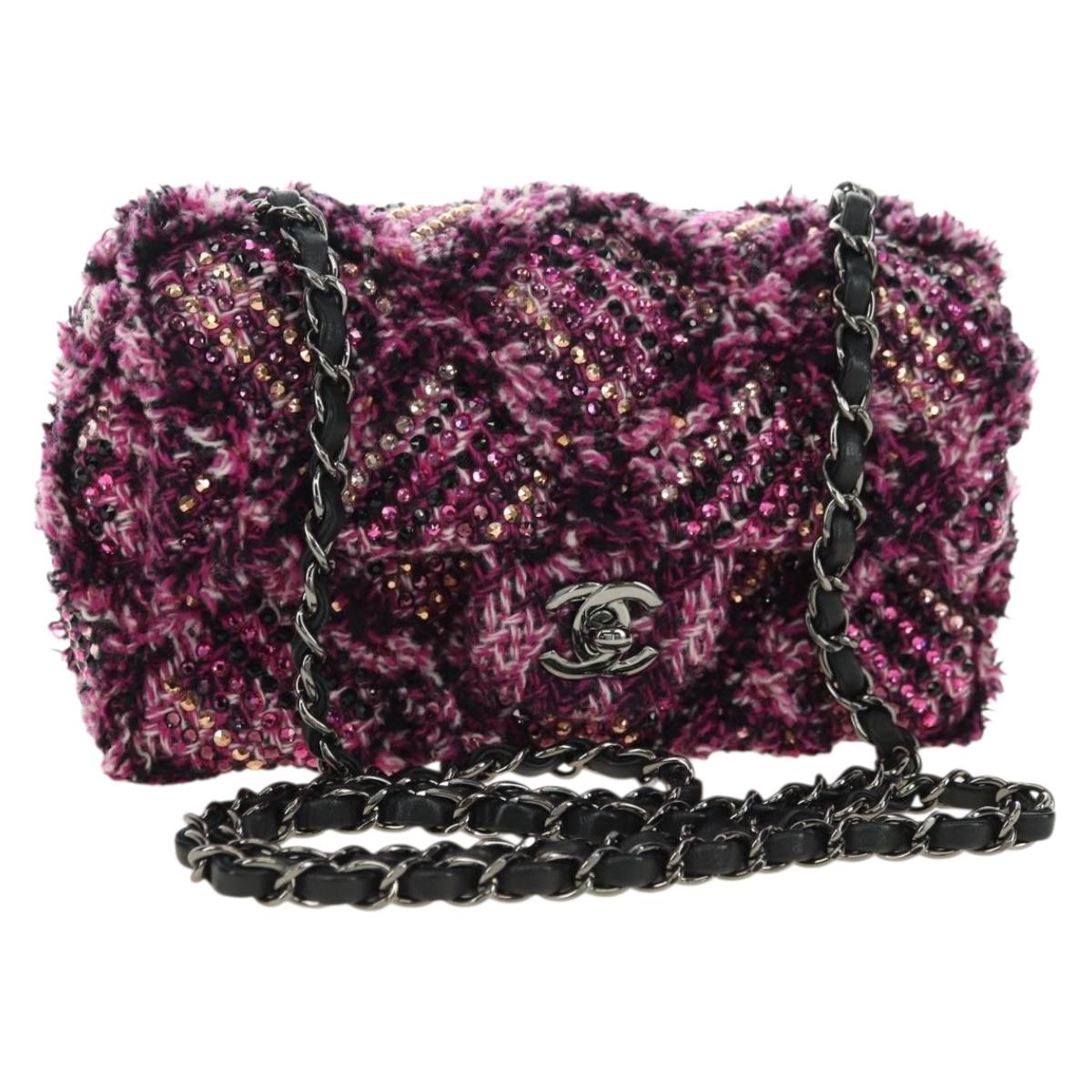 CHANEL Matelasse 21 Chain Shoulder Bag Tweed Pink Silver CC Auth 181879SAM