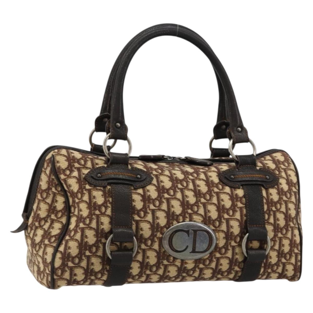 Christian Dior Trotter Canvas Hand Bag Brown Silver Auth 181890V