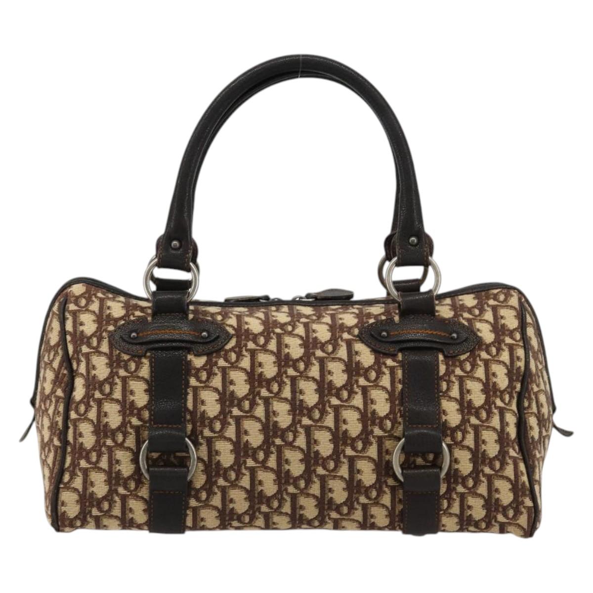 Christian Dior Trotter Canvas Hand Bag Brown Silver Auth 181890V
