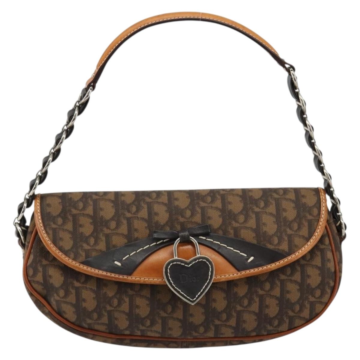 Christian Dior Trotter Canvas Romantic Bag PVC Brown Silver Auth 181891V