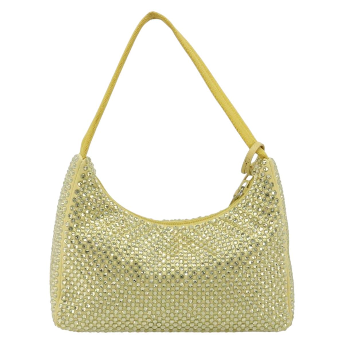 PRADA Rhinestone Hand Bag Satin Yellow Silver Auth 181892SM
