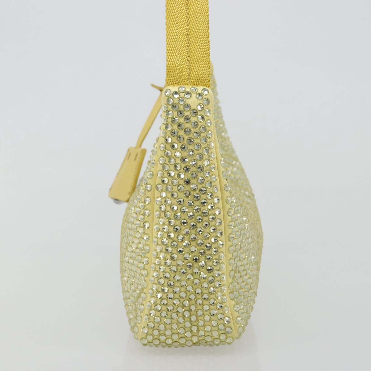 PRADA Rhinestone Hand Bag Satin Yellow Silver Auth 181892SM