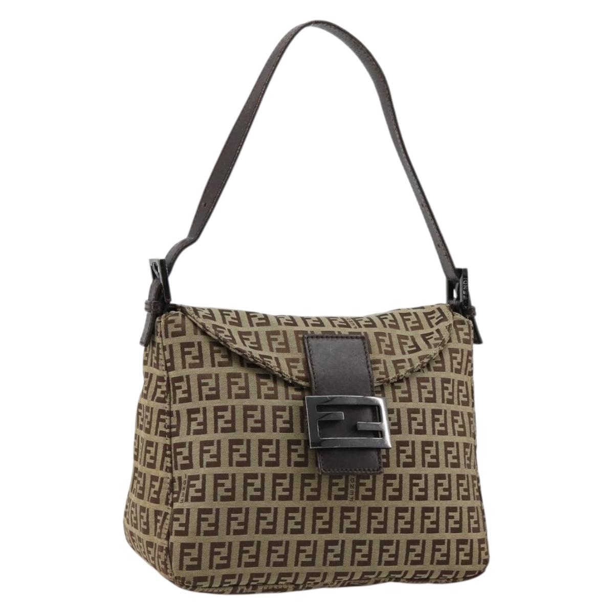 FENDI Zucchino Canvas Mamma Baguette Shoulder Bag Beige Silver Auth 181899A
