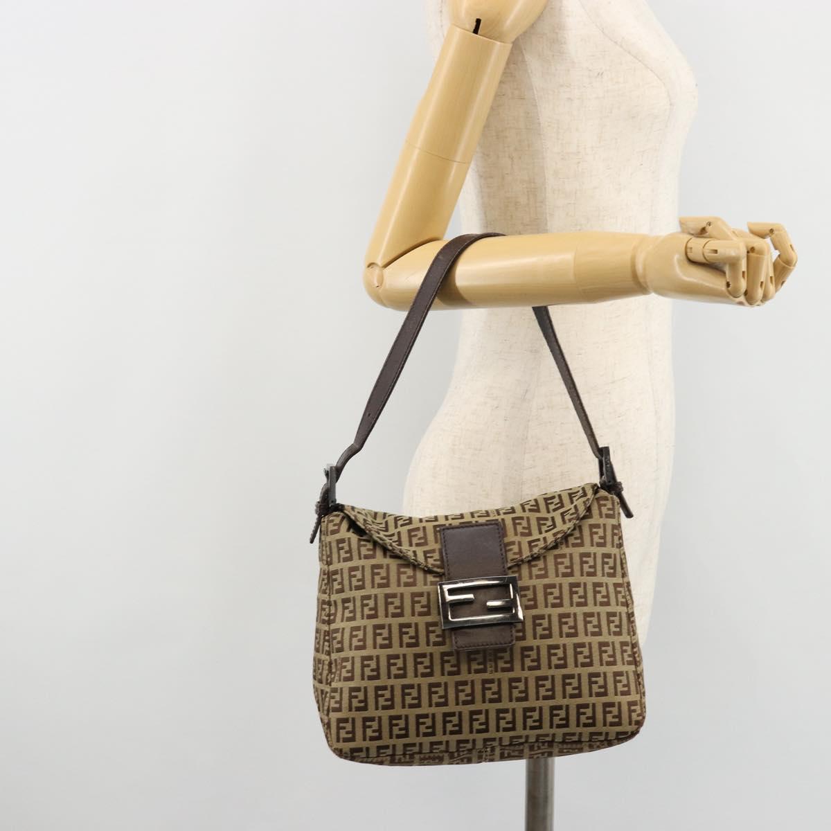 FENDI Zucchino Canvas Mamma Baguette Shoulder Bag Beige Silver Auth 181899A