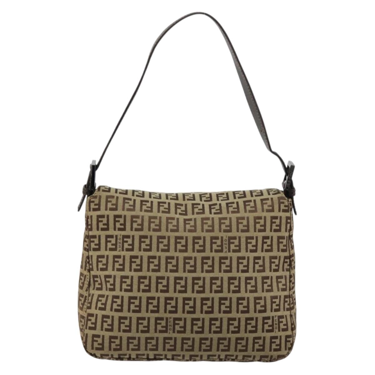 FENDI Zucchino Canvas Mamma Baguette Shoulder Bag Beige Silver Auth 181899A