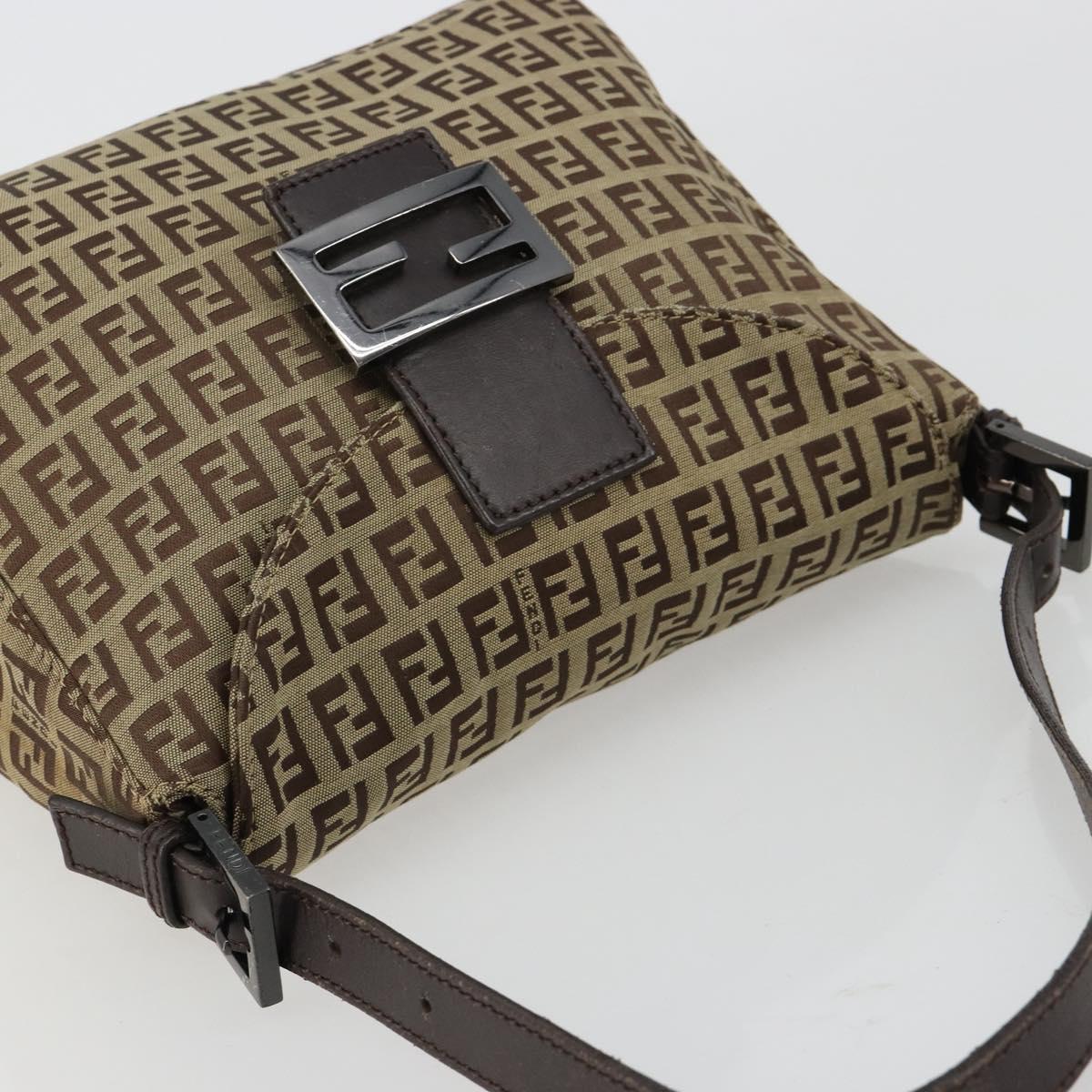 FENDI Zucchino Canvas Mamma Baguette Shoulder Bag Beige Silver Auth 181899A