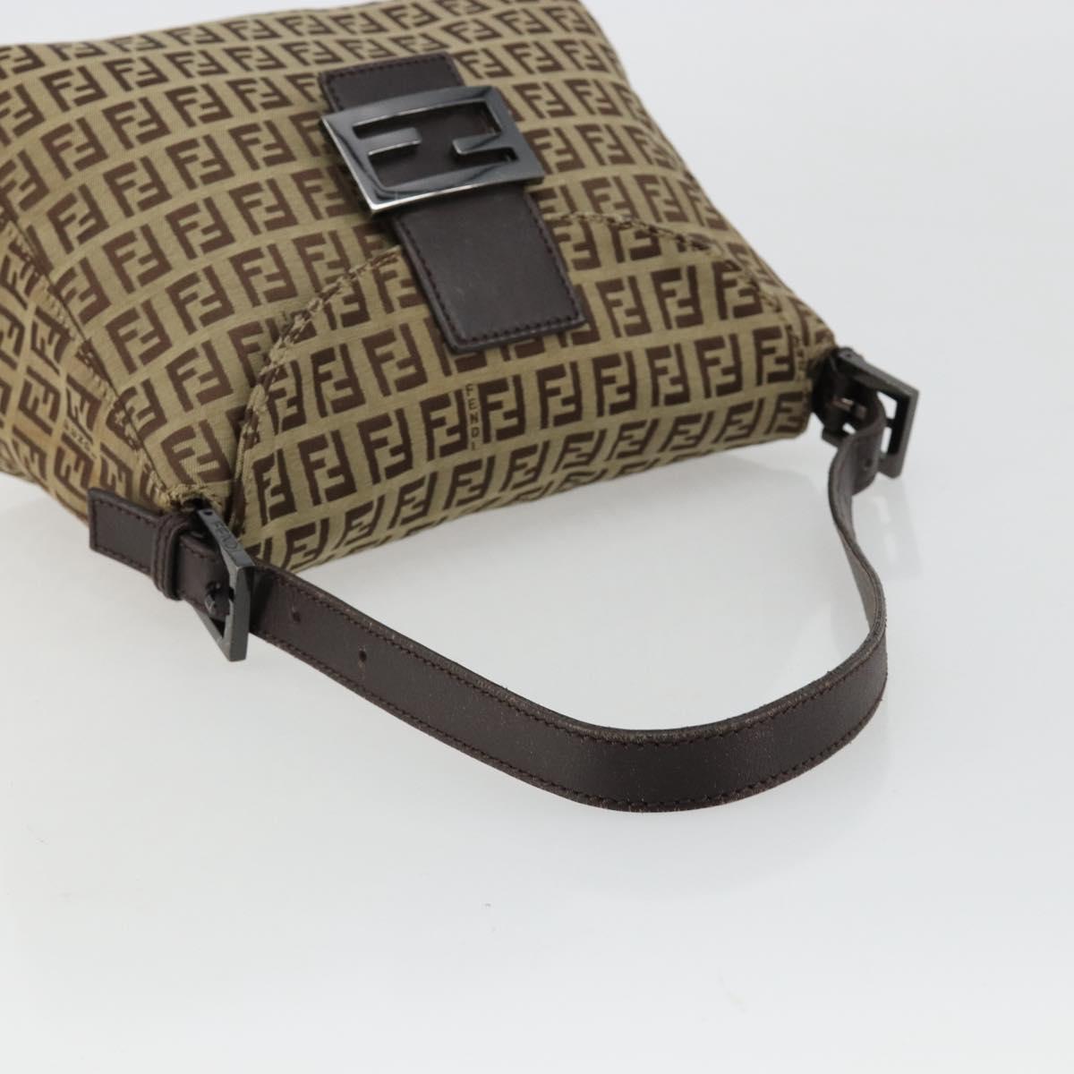 FENDI Zucchino Canvas Mamma Baguette Shoulder Bag Beige Silver Auth 181899A