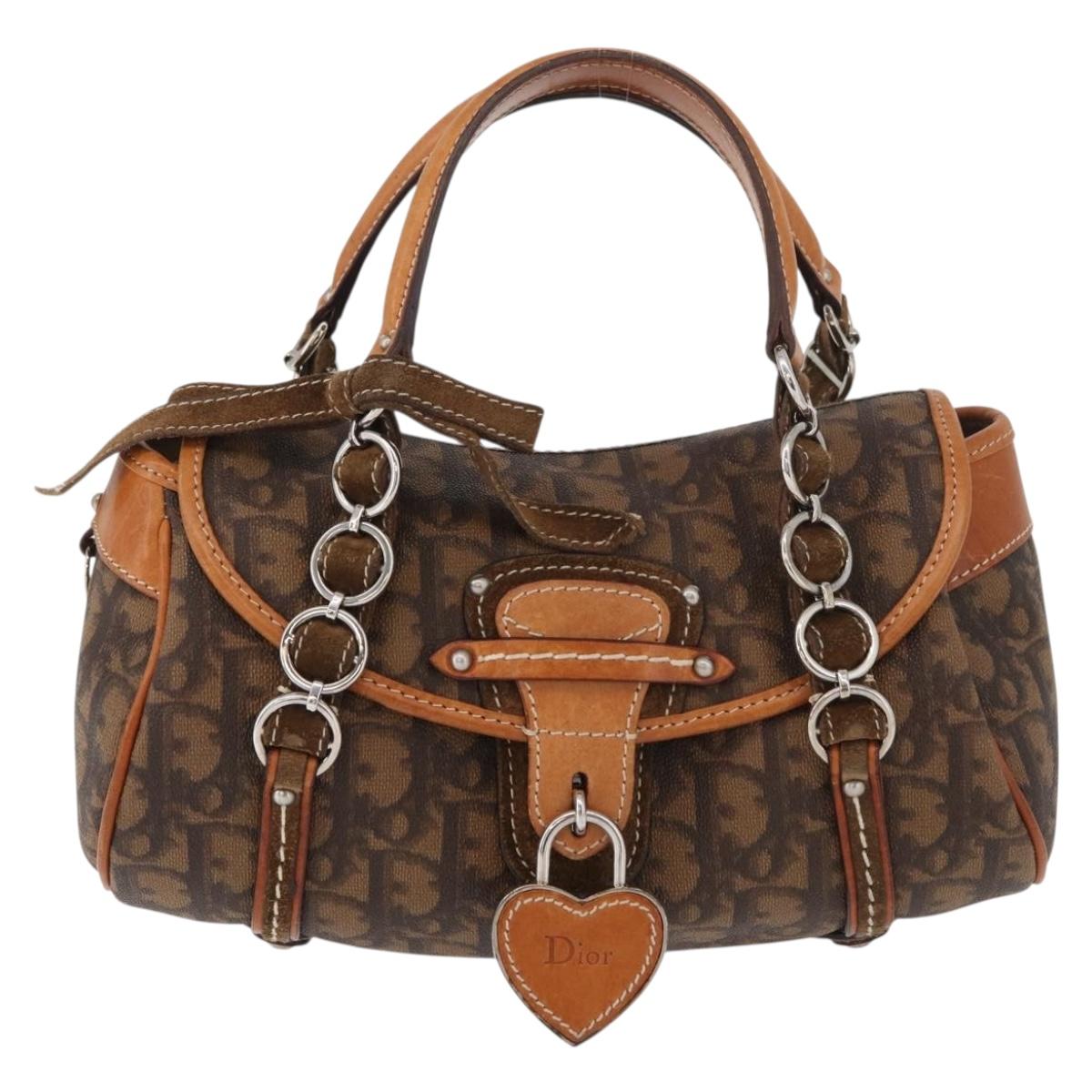 Christian Dior Trotter Canvas Romantic Hand Bag PVC Brown Silver Auth 181900V
