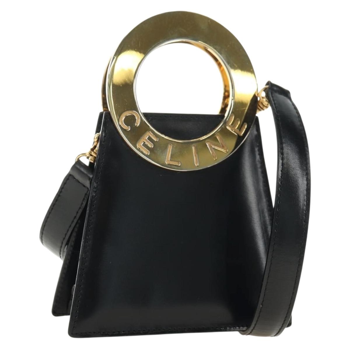 CELINE Circle Shoulder Bag Leather Black Gold Auth 181901SM