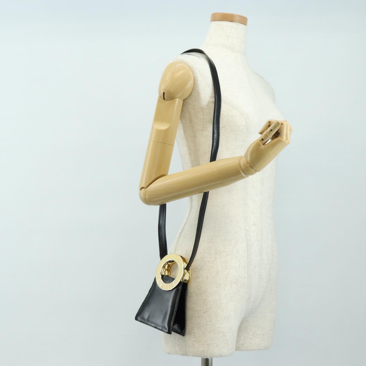 CELINE Circle Shoulder Bag Leather Black Gold Auth 181901SM