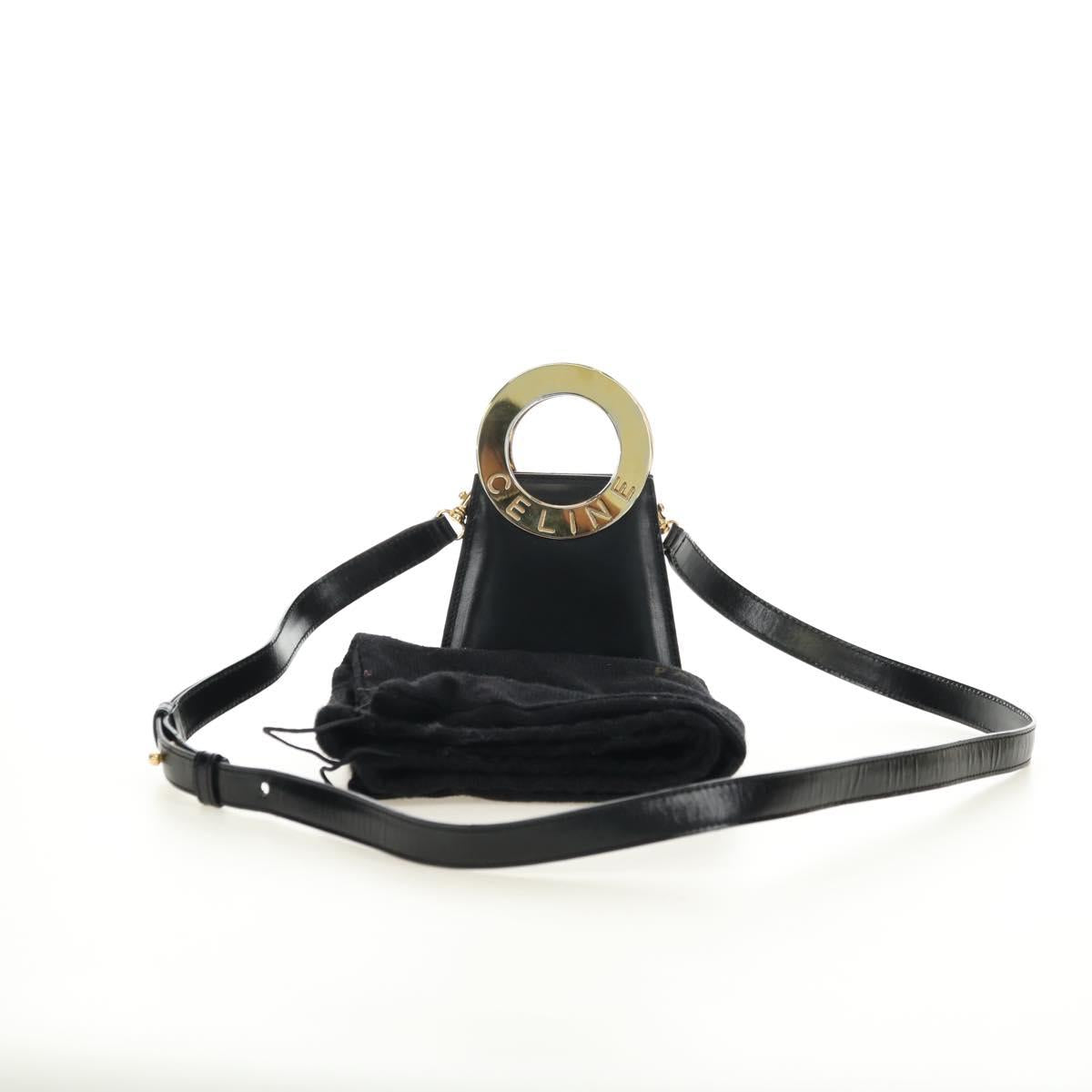 CELINE Circle Shoulder Bag Leather Black Gold Auth 181901SM