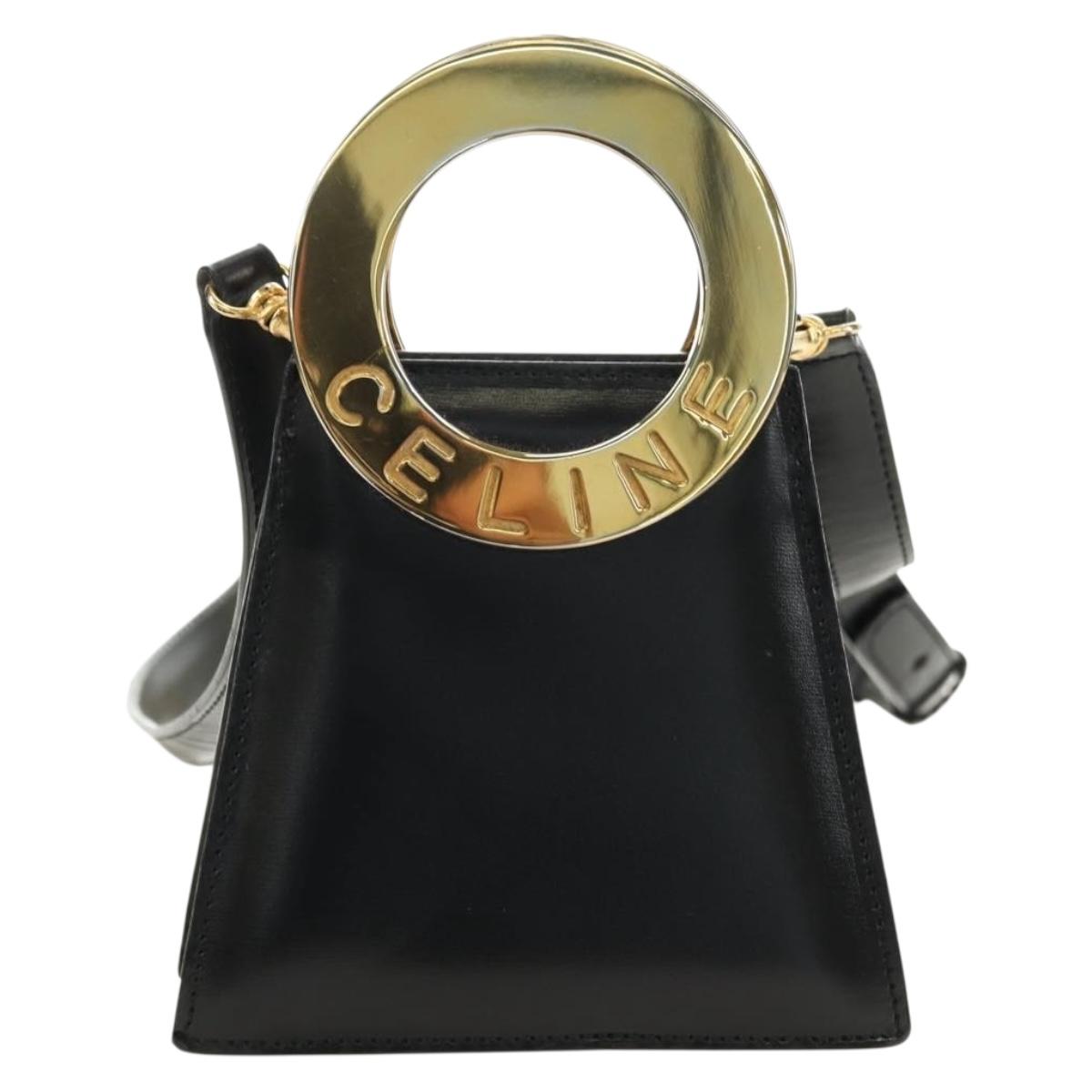 CELINE Circle Shoulder Bag Leather Black Gold Auth 181901SM