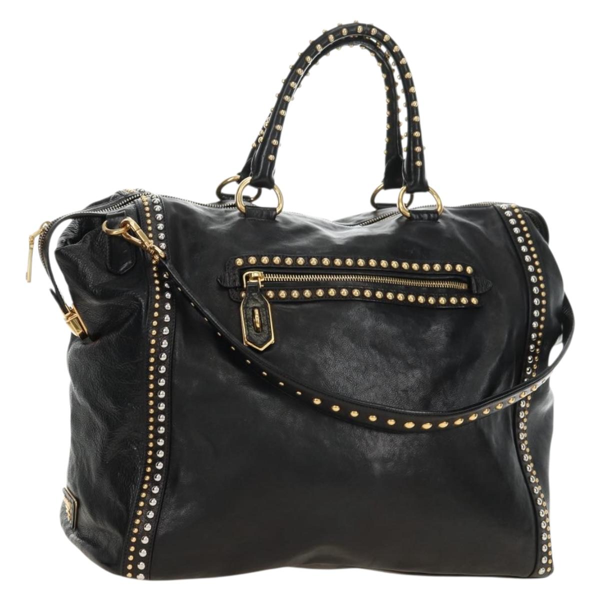 PRADA Tote Bag Leather 2way Black Gold Silver Auth 181906SM