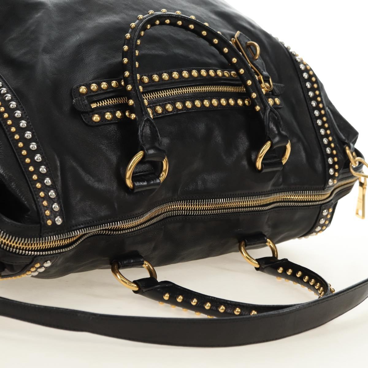 PRADA Tote Bag Leather 2way Black Gold Silver Auth 181906SM