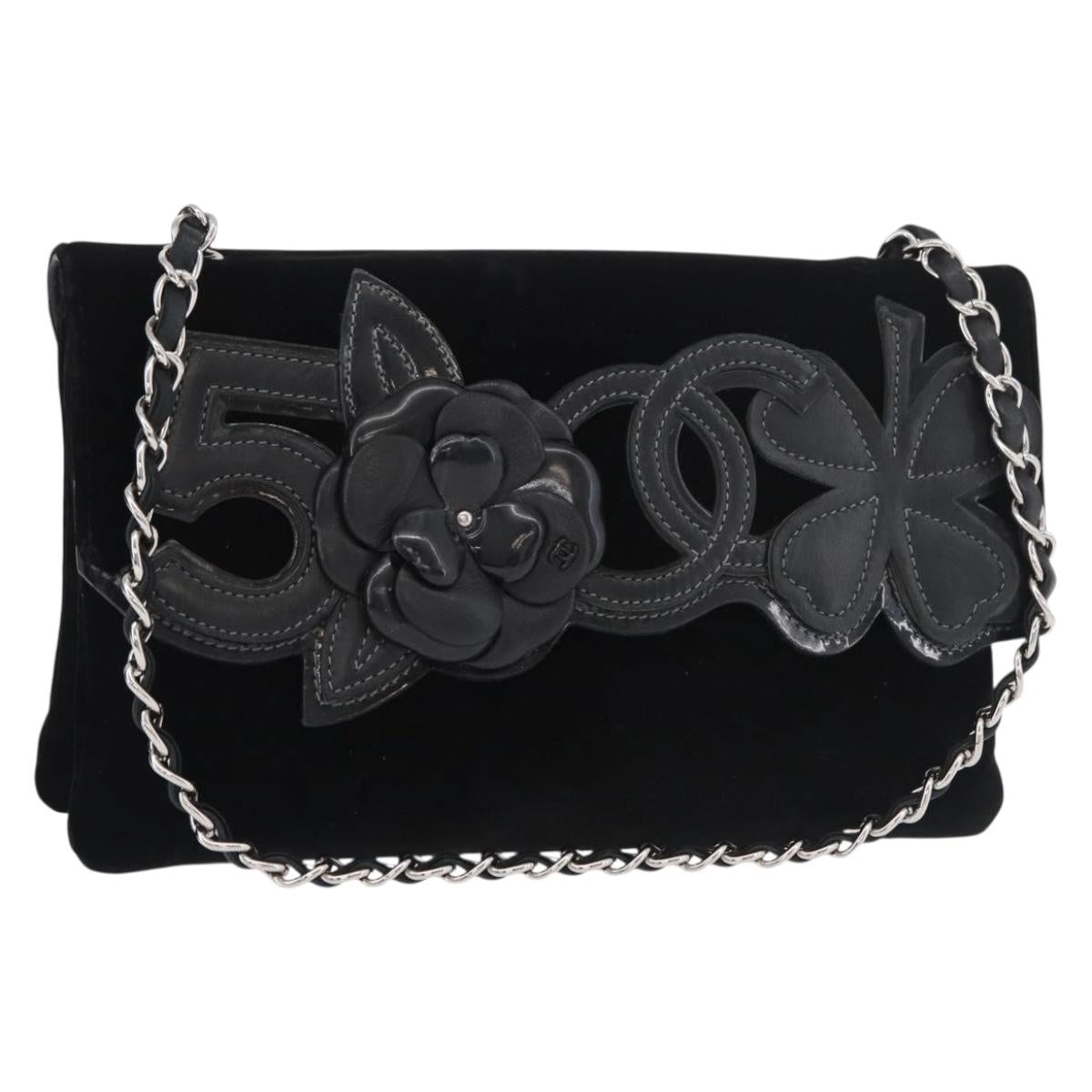 CHANEL Chain Camelia Shoulder Bag Velor Black Silver CC Auth 181910V