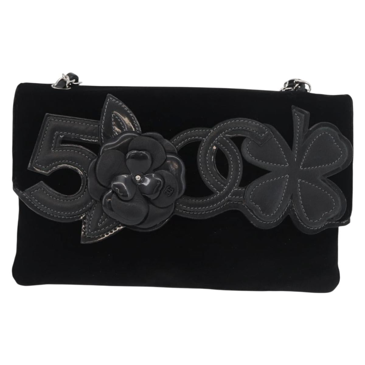 CHANEL Chain Camelia Shoulder Bag Velor Black Silver CC Auth 181910V