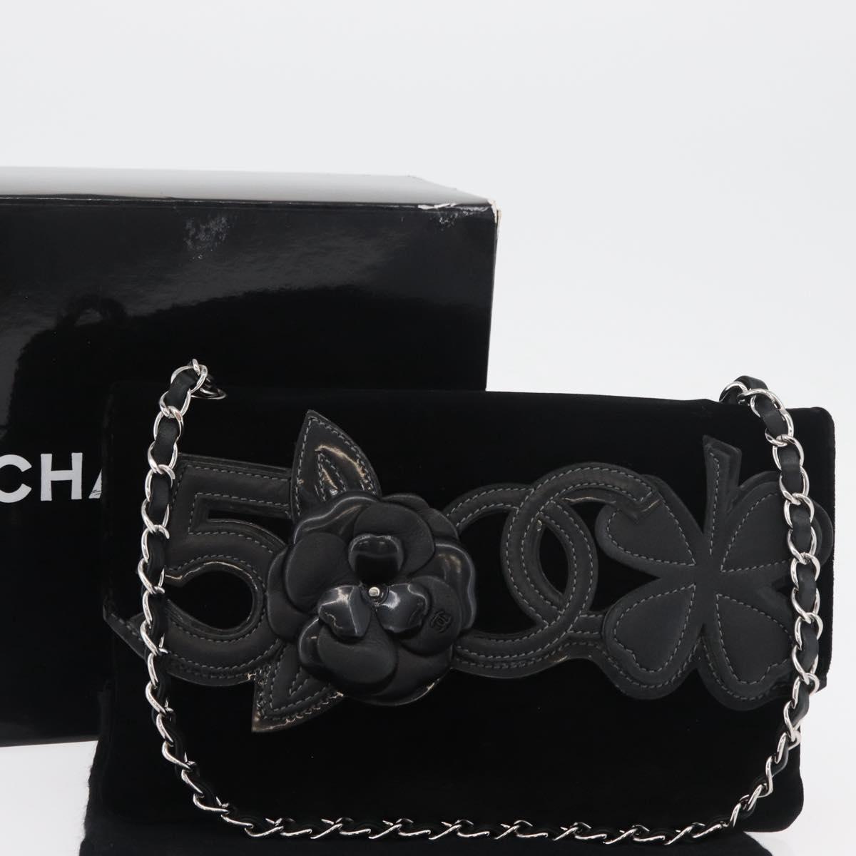 CHANEL Chain Camelia Shoulder Bag Velor Black Silver CC Auth 181910V