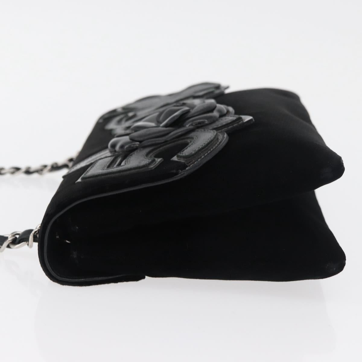 CHANEL Chain Camelia Shoulder Bag Velor Black Silver CC Auth 181910V