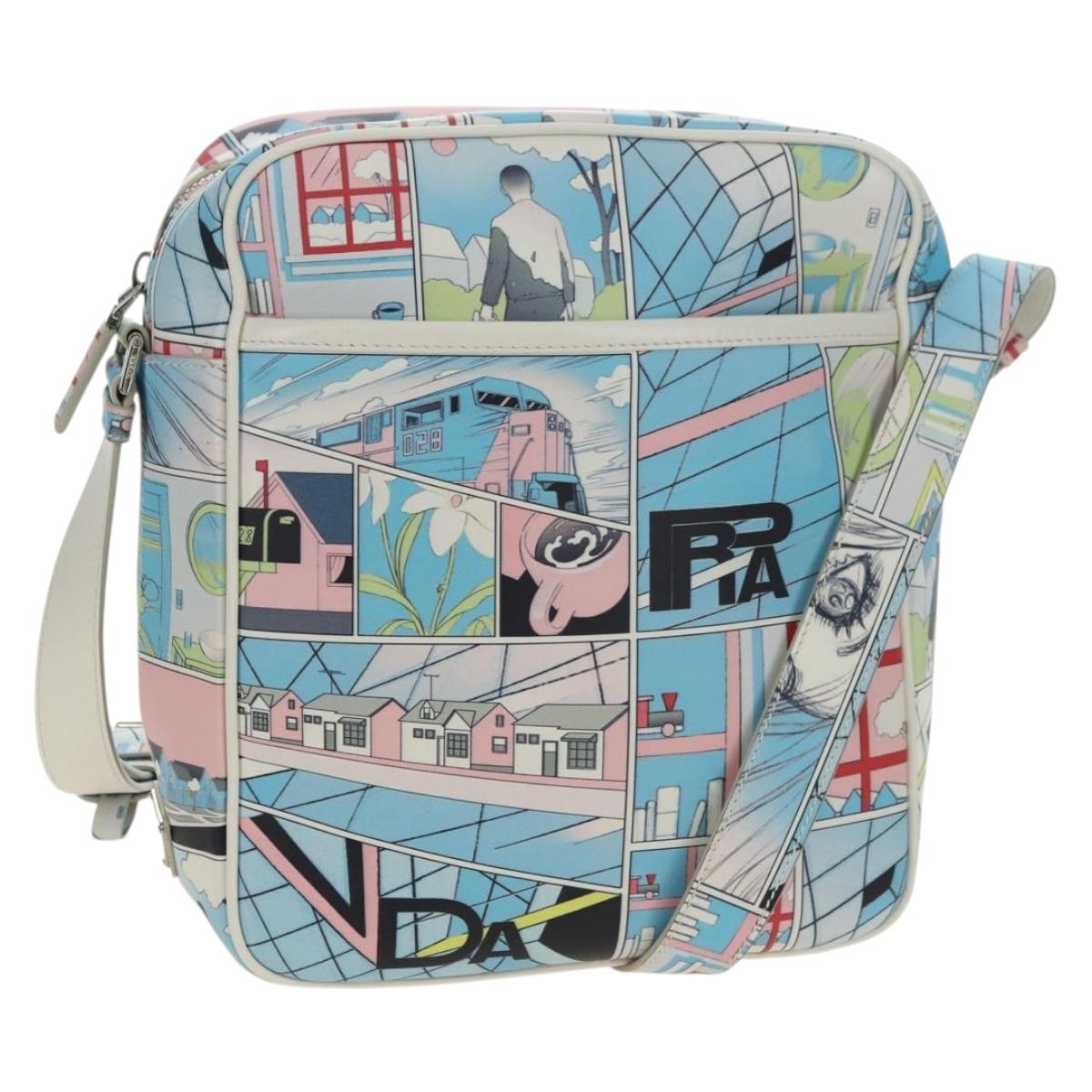 PRADA Comic Print Shoulder Bag Leather White Silver Auth 181914SM