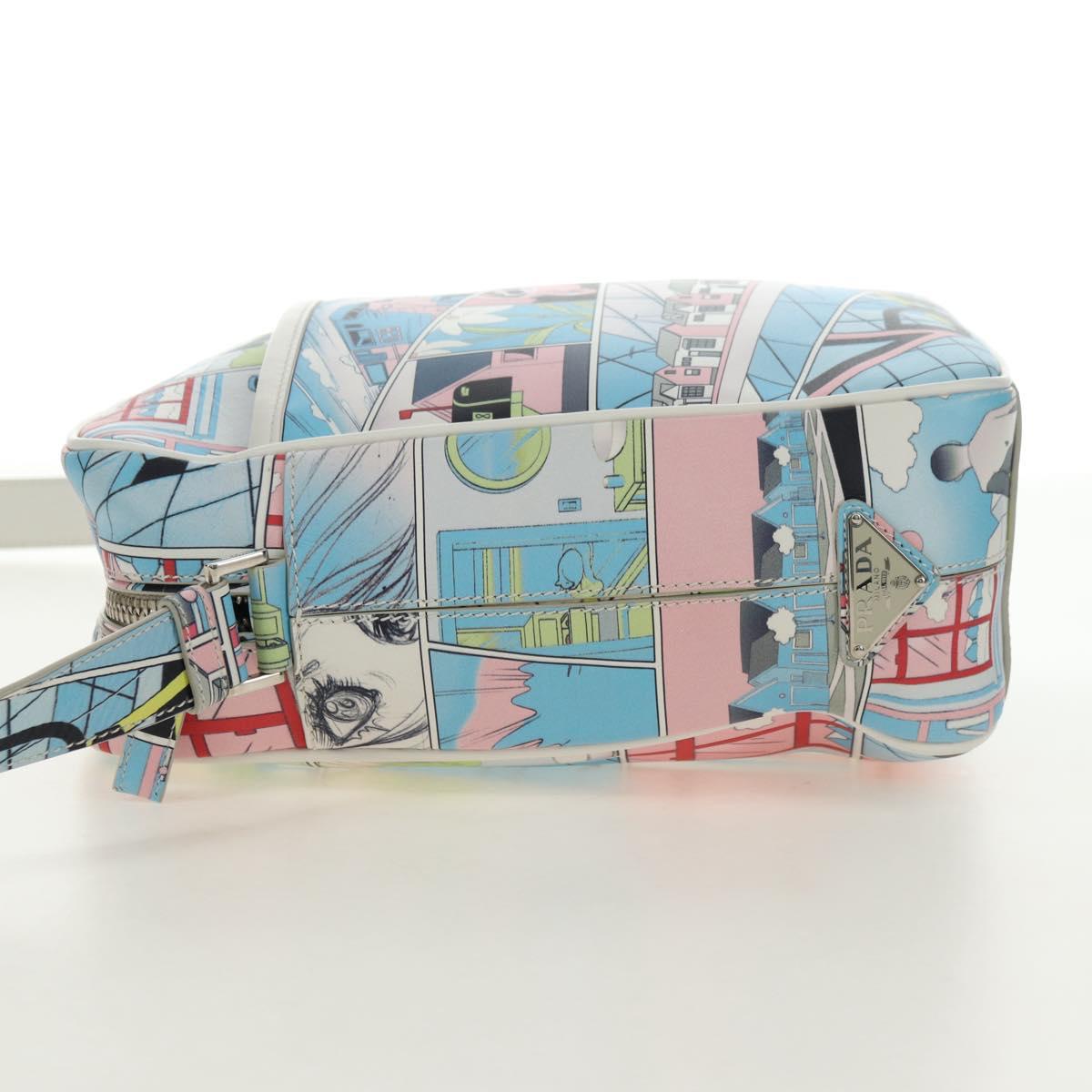 PRADA Comic Print Shoulder Bag Leather White Silver Auth 181914SM