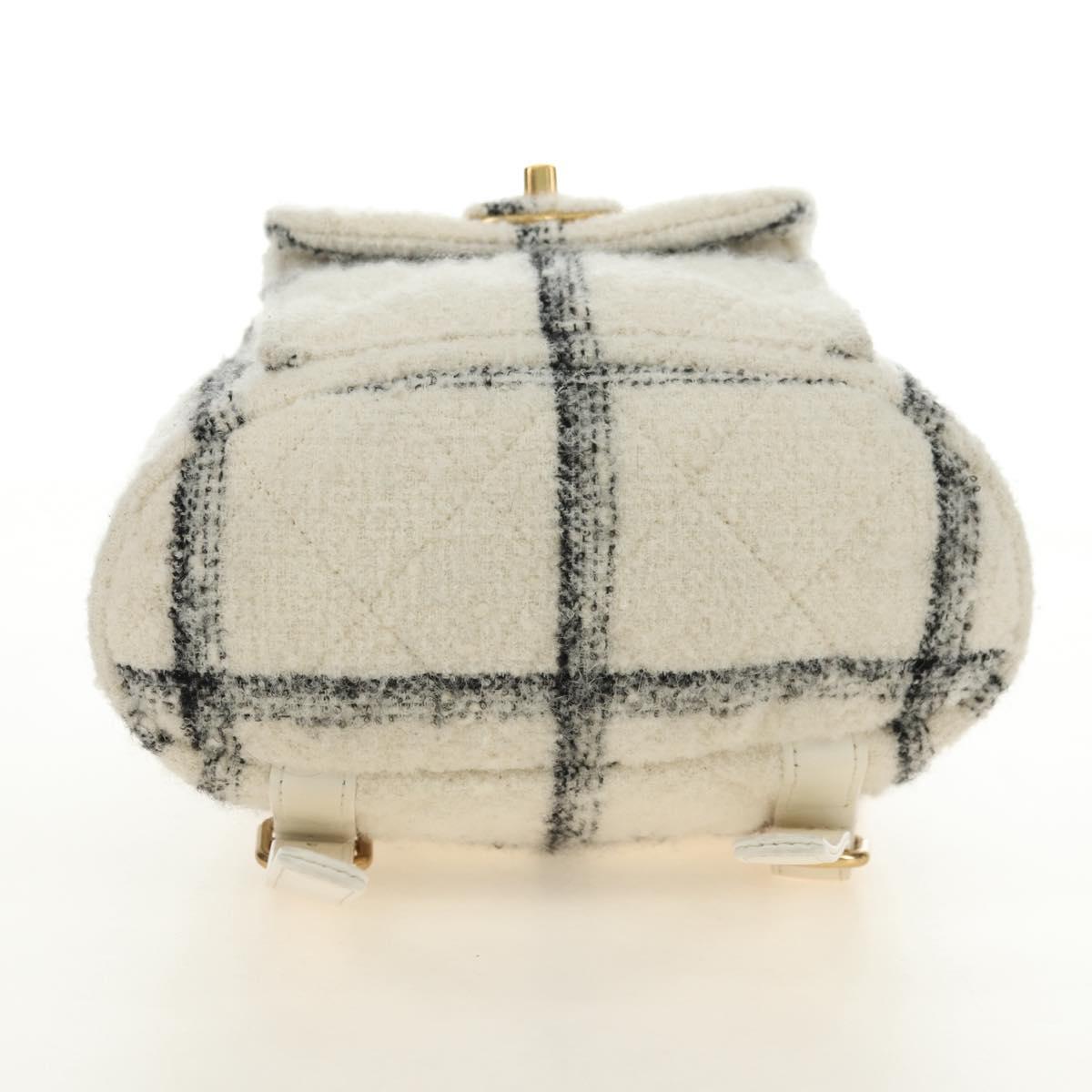 CHANEL Matelasse Chain Backpack Wool Tweed Ivory Gold CC Auth 181919SM
