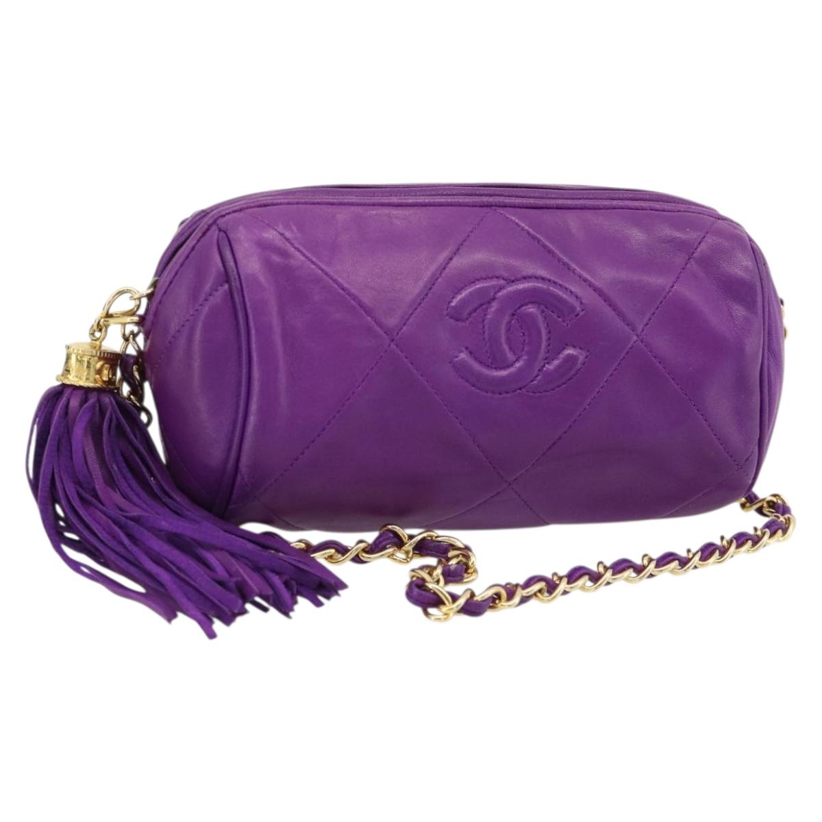 CHANEL Matelasse Chain Shoulder Bag Lamb Skin Purple Gold CC Auth 181924SM