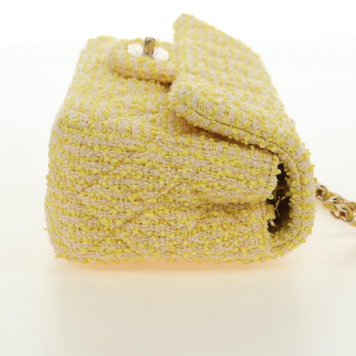 CHANEL Matelasse Chain Shoulder Bag Wool Tweed Yellow Gold CC Auth 181926SM