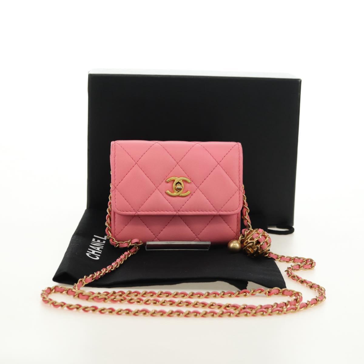 CHANEL Matelasse Chain Wallet Coco Ball Bag Lamb Skin Pink Gold CC Auth 181927M