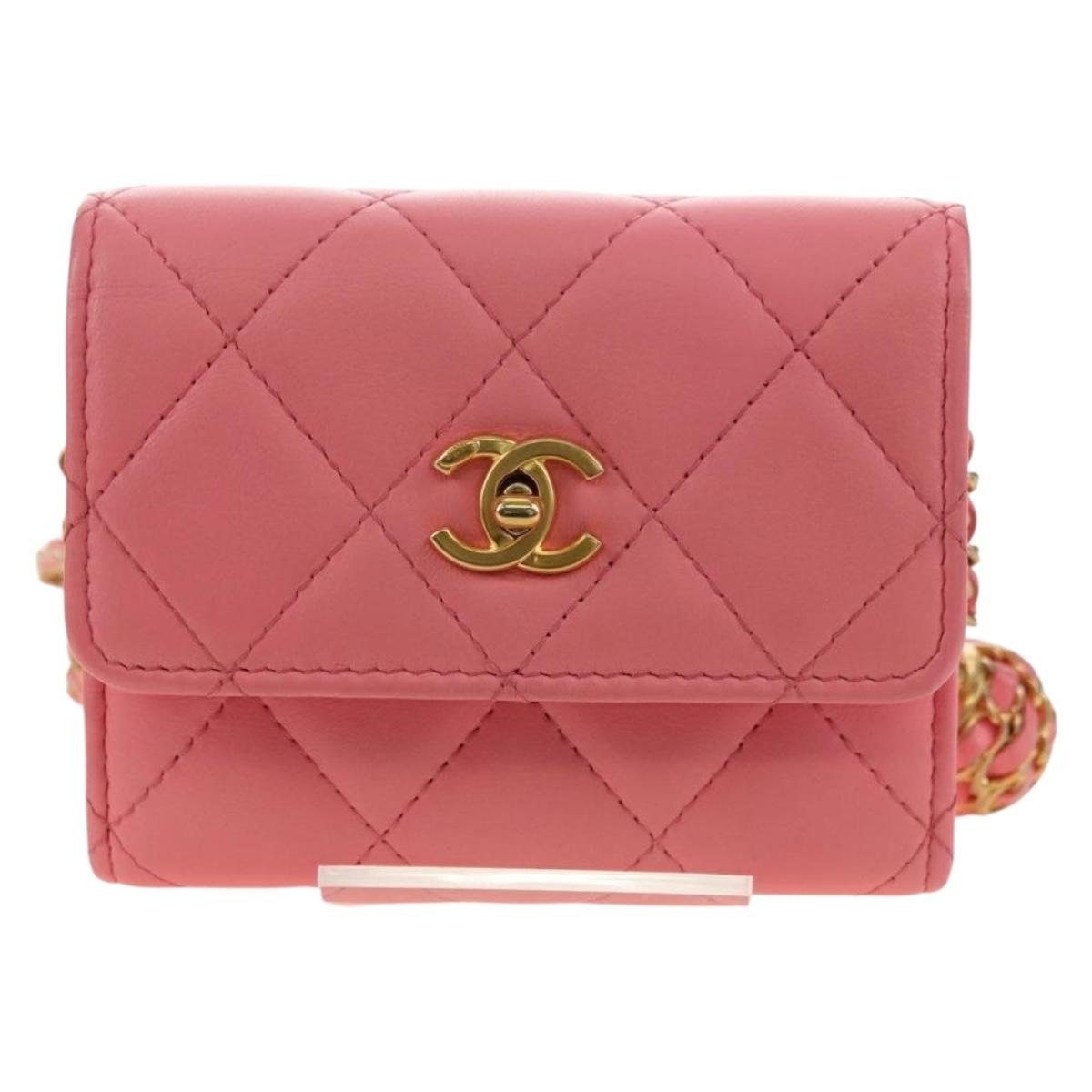 CHANEL Matelasse Chain Wallet Coco Ball Bag Lamb Skin Pink Gold CC Auth 181927M