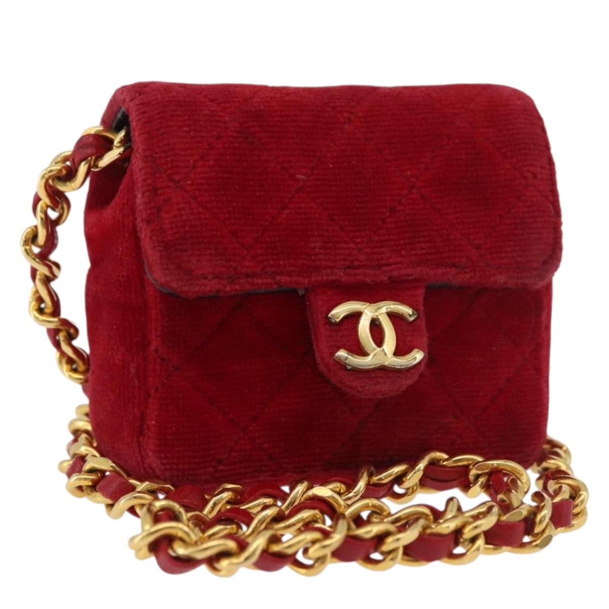 CHANEL Matelasse Chain Shoulder Bag Velor Red Gold CC Auth 181928A