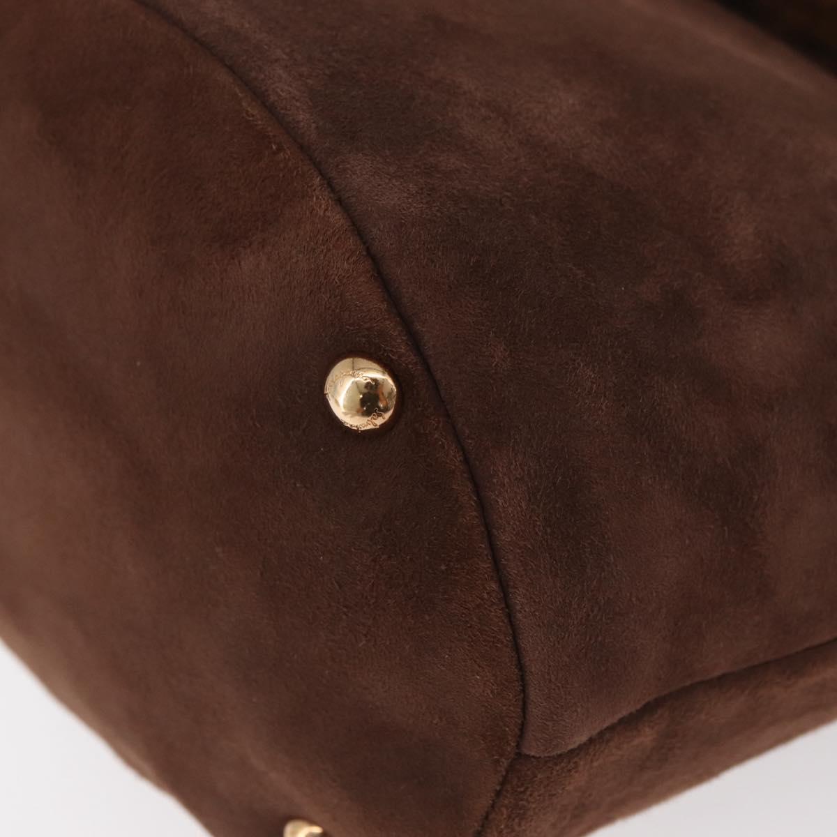 Salvatore Ferragamo Vala Hand Bag Fur Brown Gold Auth 181933A