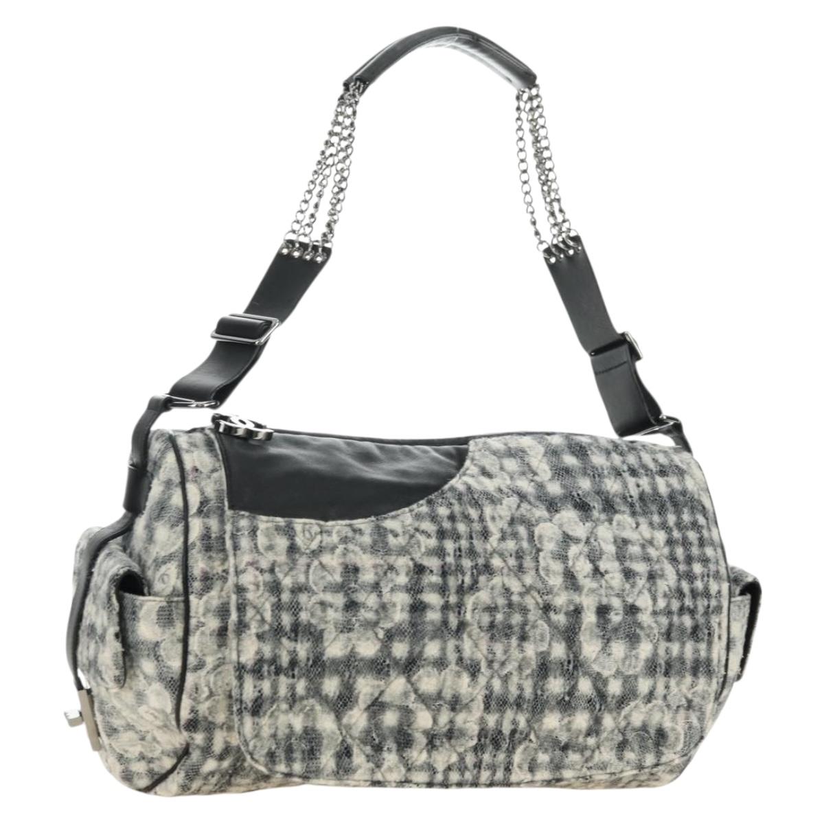 CHANEL Camelia 2.55 Chain Shoulder Bag Wool Tweed White Black CC Auth 181935SM