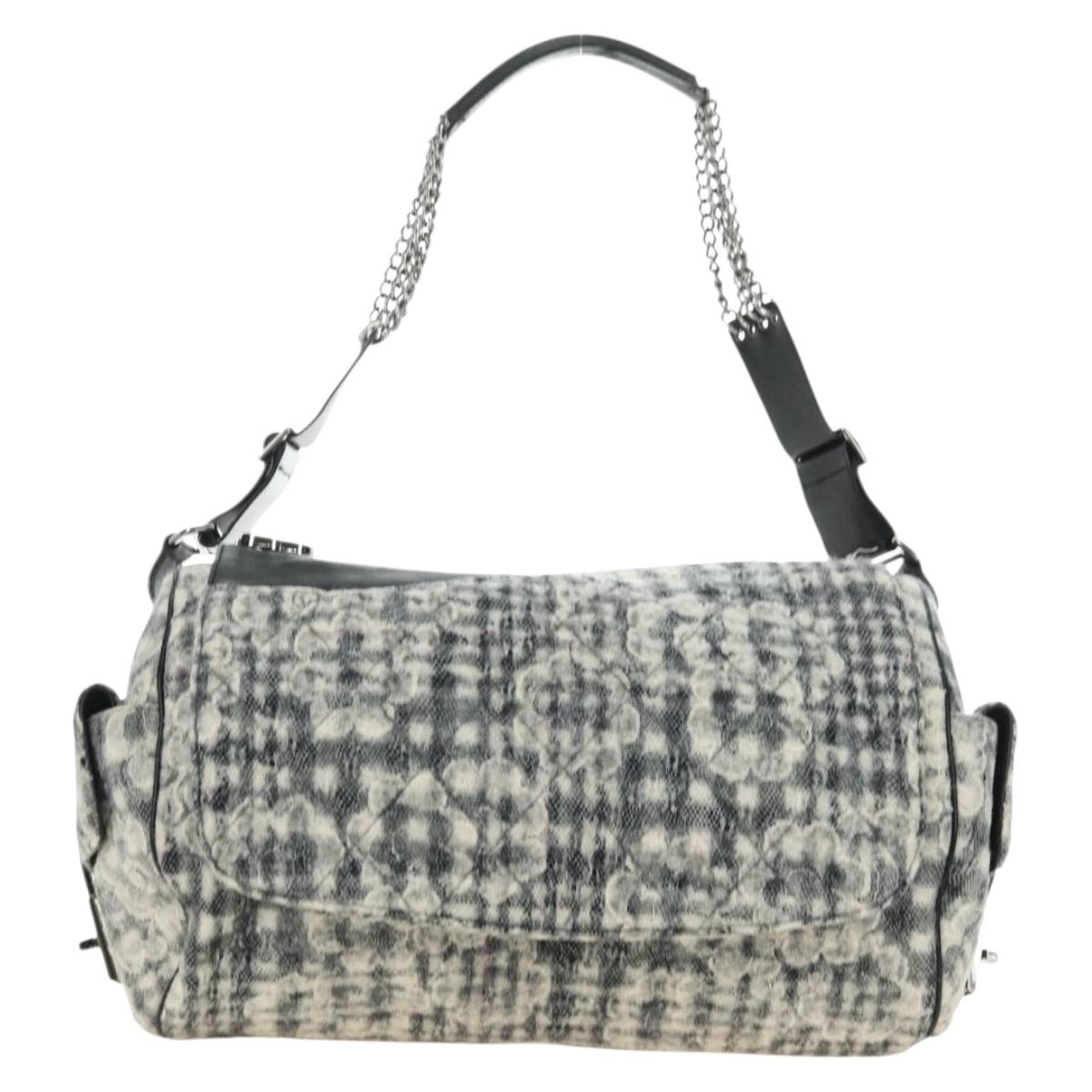 CHANEL Camelia 2.55 Chain Shoulder Bag Wool Tweed White Black CC Auth 181935SM