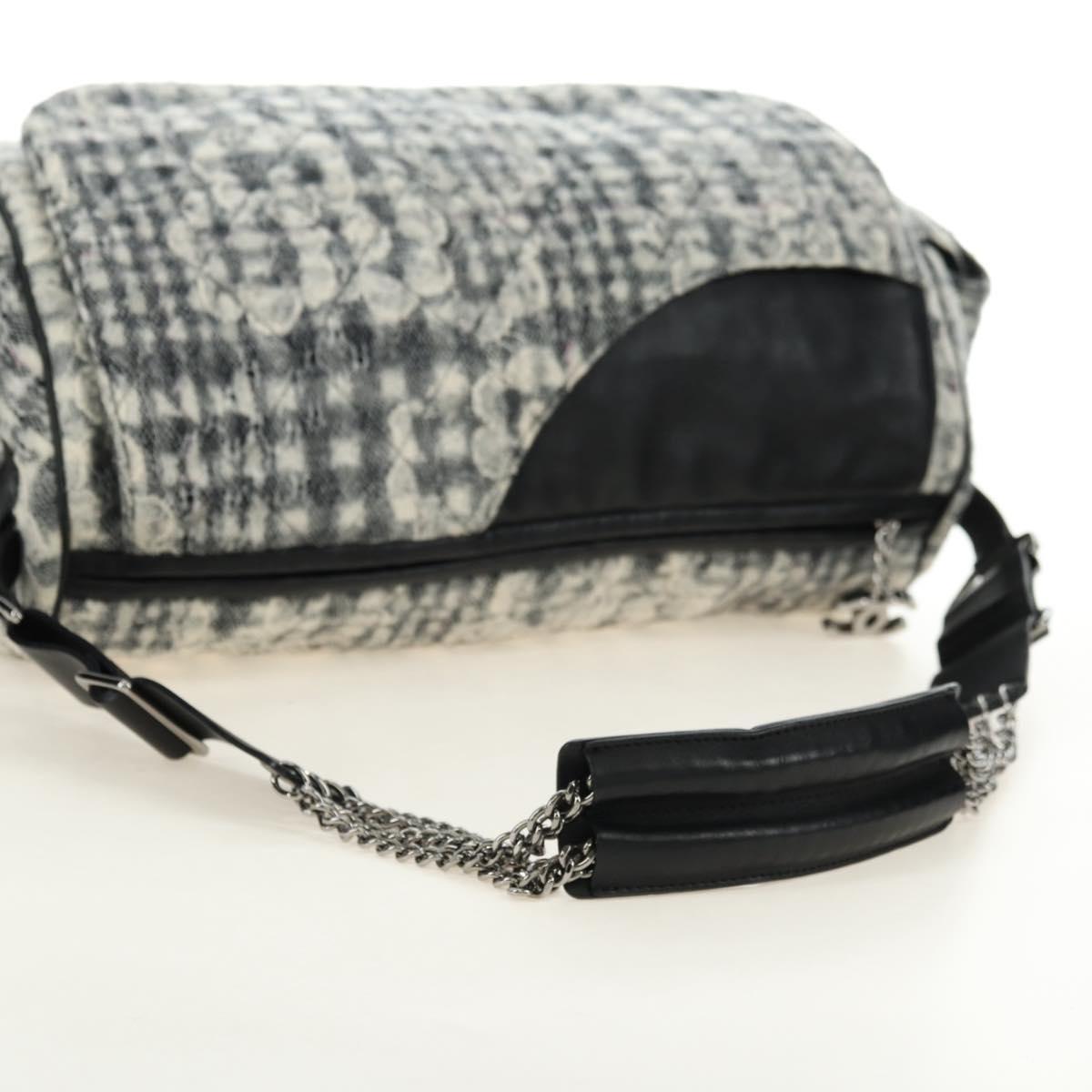 CHANEL Camelia 2.55 Chain Shoulder Bag Wool Tweed White Black CC Auth 181935SM