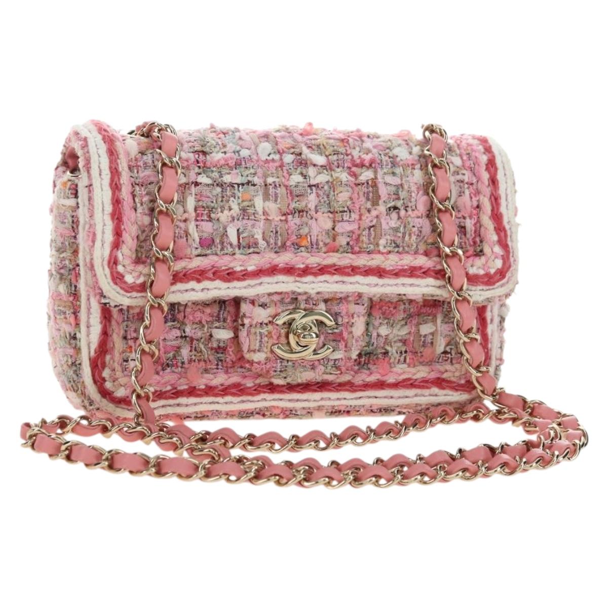 CHANEL Matelasse Chain Shoulder Bag Wool Tweed Pink Gold CC Auth 181936SAM