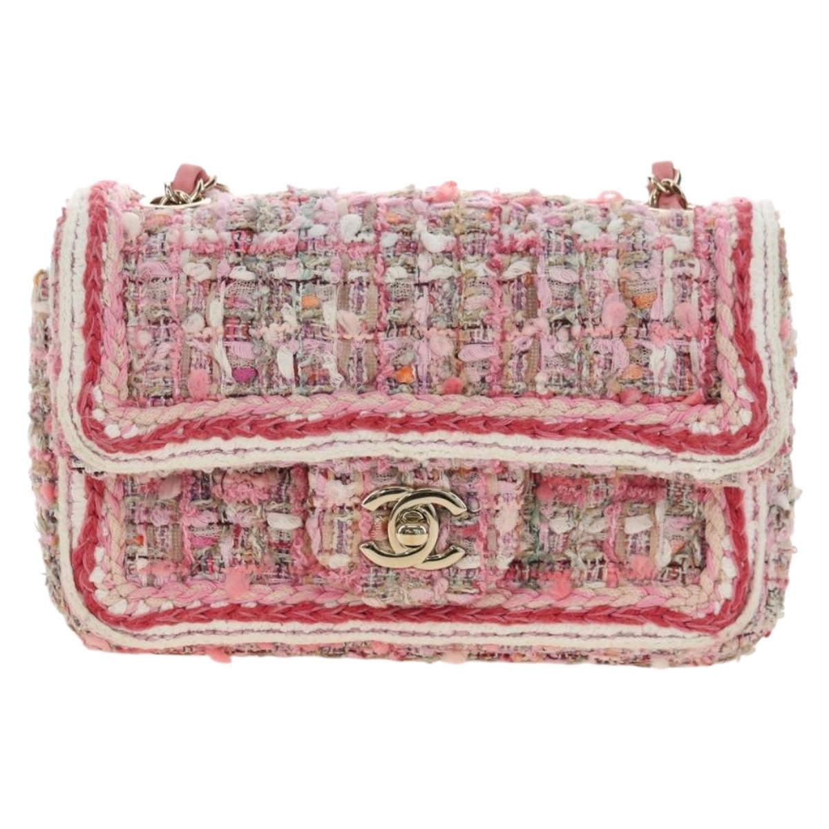 CHANEL Matelasse Chain Shoulder Bag Wool Tweed Pink Gold CC Auth 181936SAM
