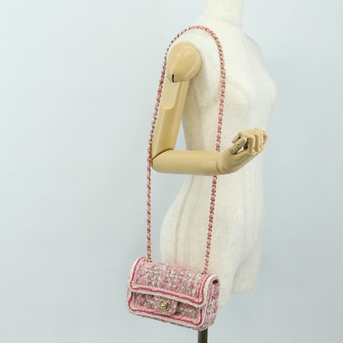 CHANEL Matelasse Chain Shoulder Bag Wool Tweed Pink Gold CC Auth 181936SAM