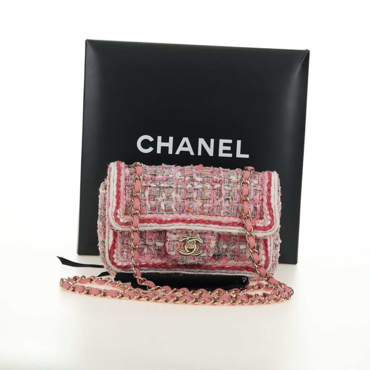 CHANEL Matelasse Chain Shoulder Bag Wool Tweed Pink Gold CC Auth 181936SAM