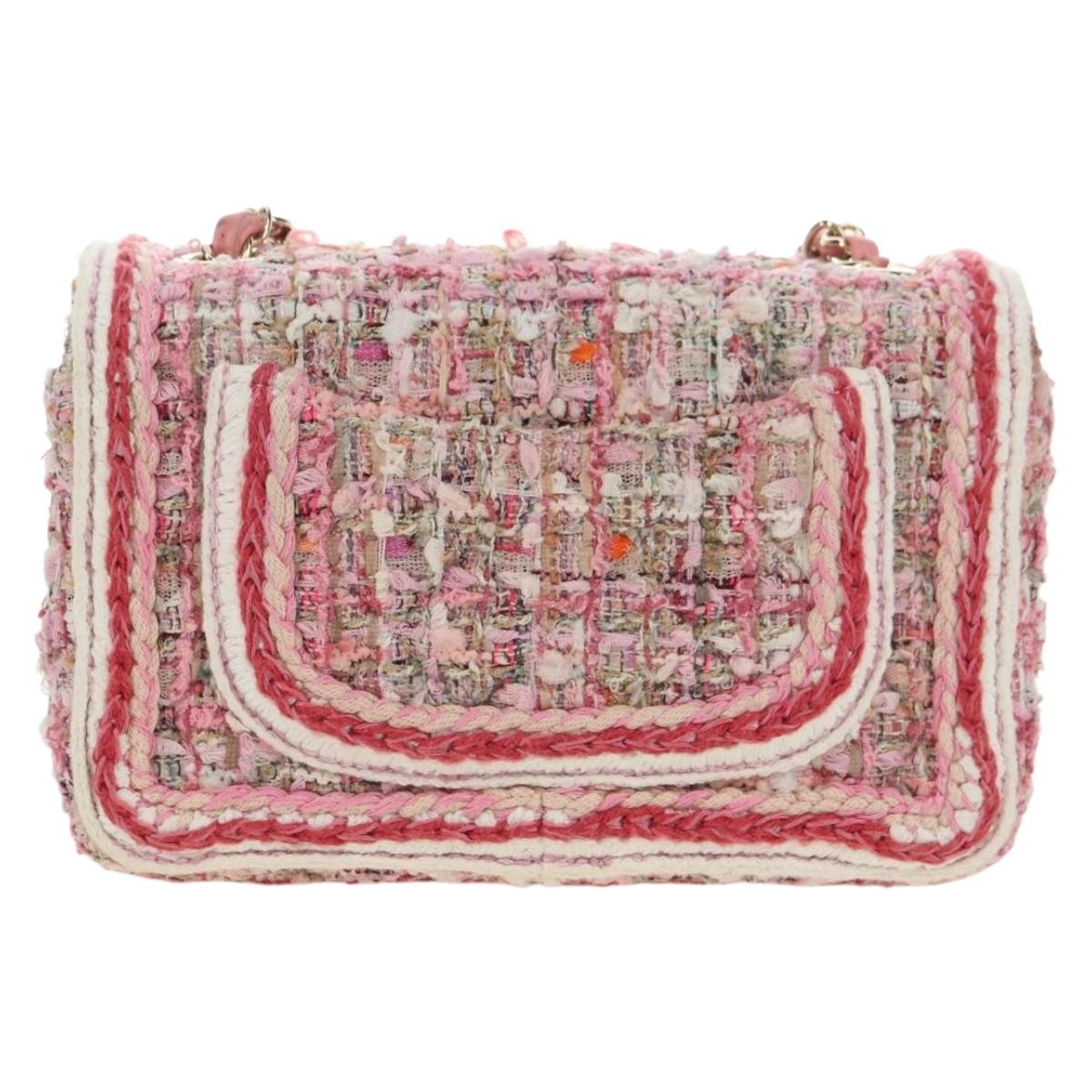 CHANEL Matelasse Chain Shoulder Bag Wool Tweed Pink Gold CC Auth 181936SAM