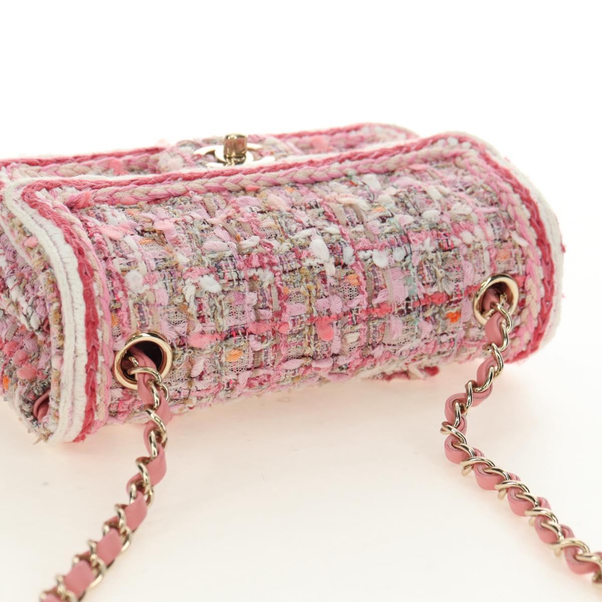 CHANEL Matelasse Chain Shoulder Bag Wool Tweed Pink Gold CC Auth 181936SAM